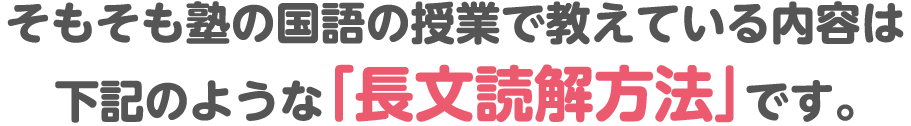 そもそも塾の国語の授業で教えている内容は下記のような「長文読解能力」です。